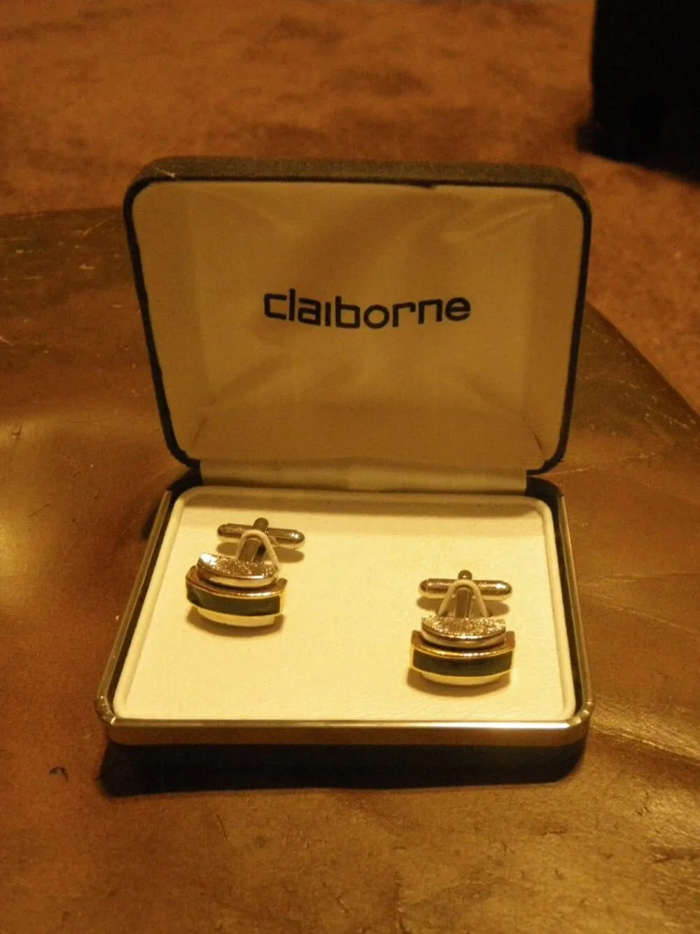 Claiborne Silver, Gold Tone & Onyx Large Chunky Cufflinks New in Box